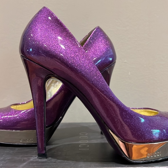Gucci Vernice Glitter Patent Leather Platform Pumps Purple Women’s Size 8B - Picture 3 of 8